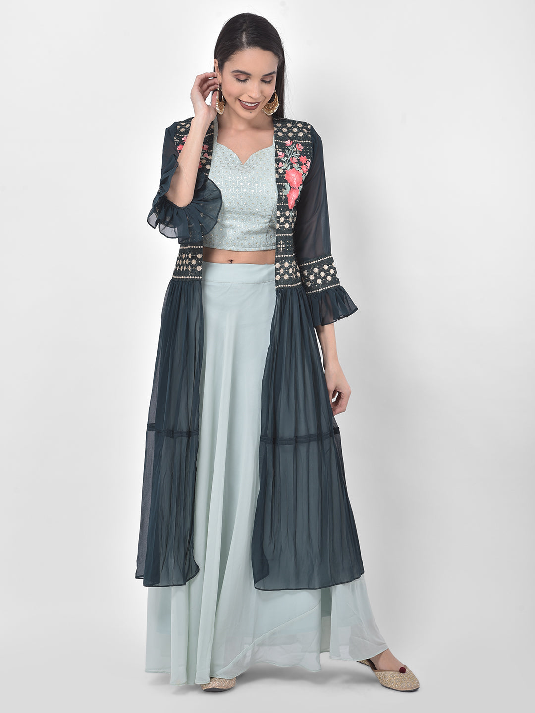 Neerus Blue green embroidered co-ord set top skirt shrug - front view