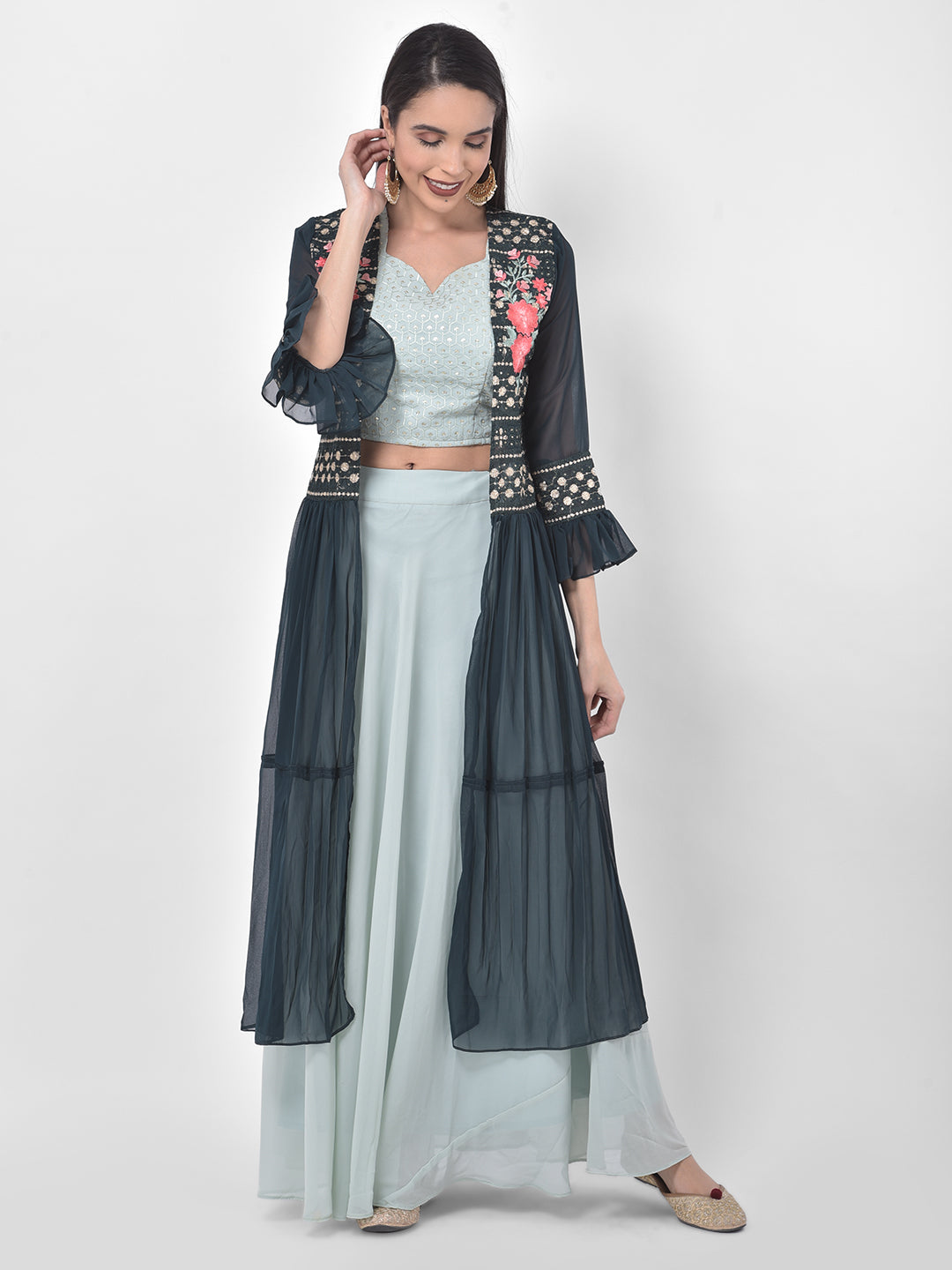 Neeru's Blue & Green Embroidered Top & Skirt Set With Shrug
