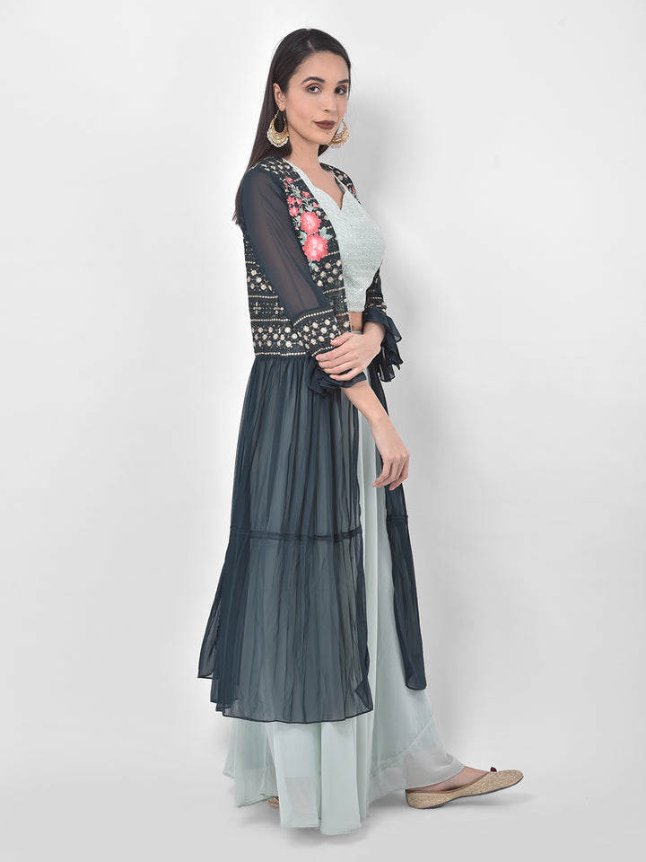 Neerus Blue green embroidered co-ord set top skirt shrug - back view