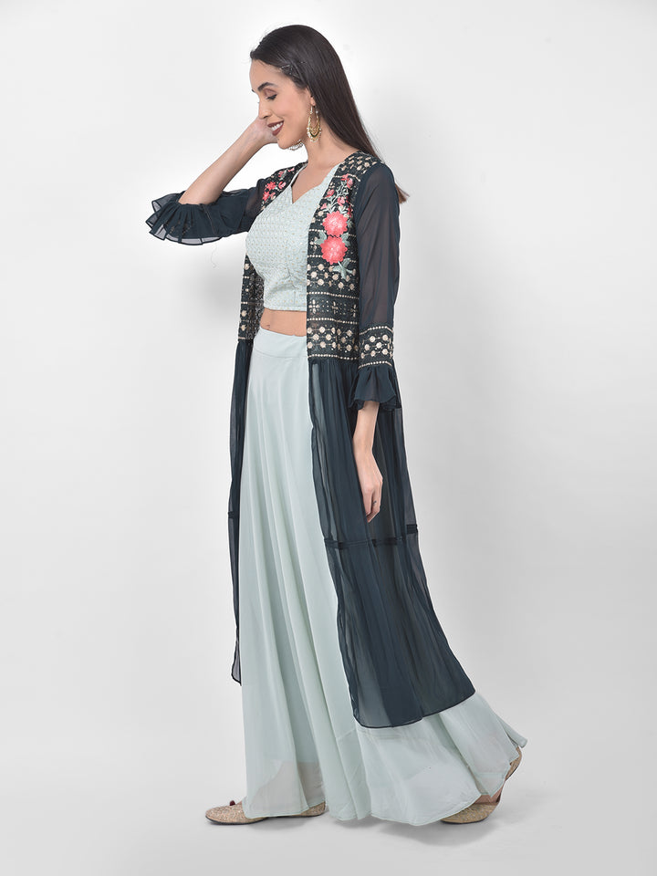 Neerus Blue green embroidered co-ord set top skirt shrug - side view