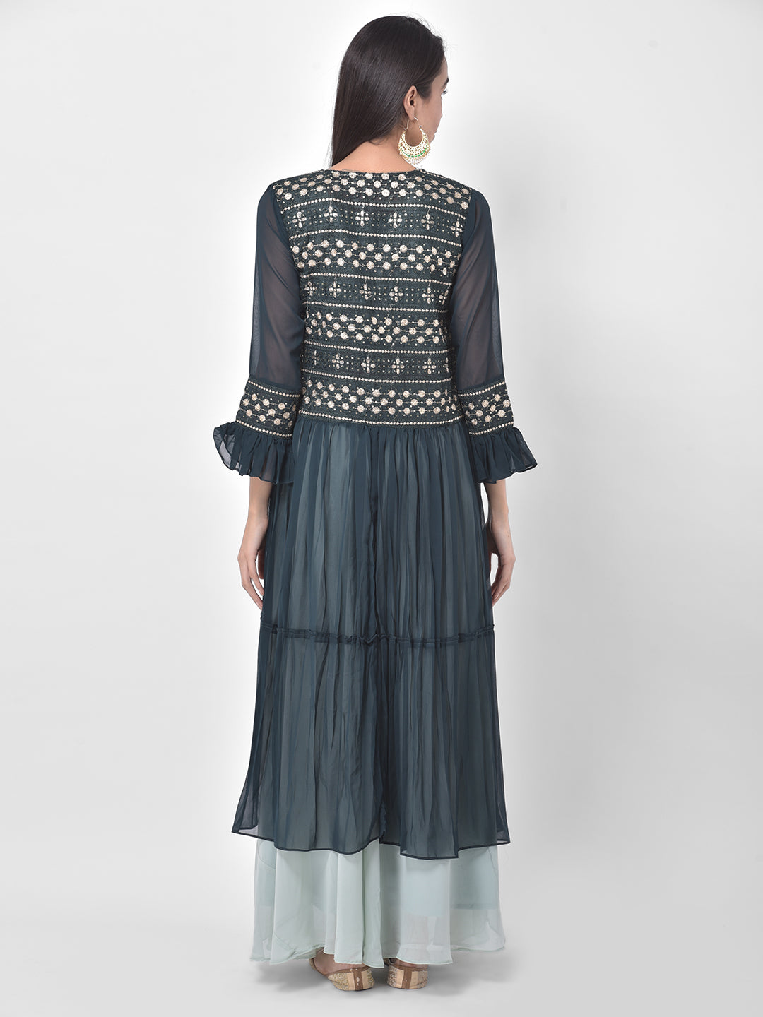 Neerus Blue green embroidered co-ord set top skirt shrug - detail view 1