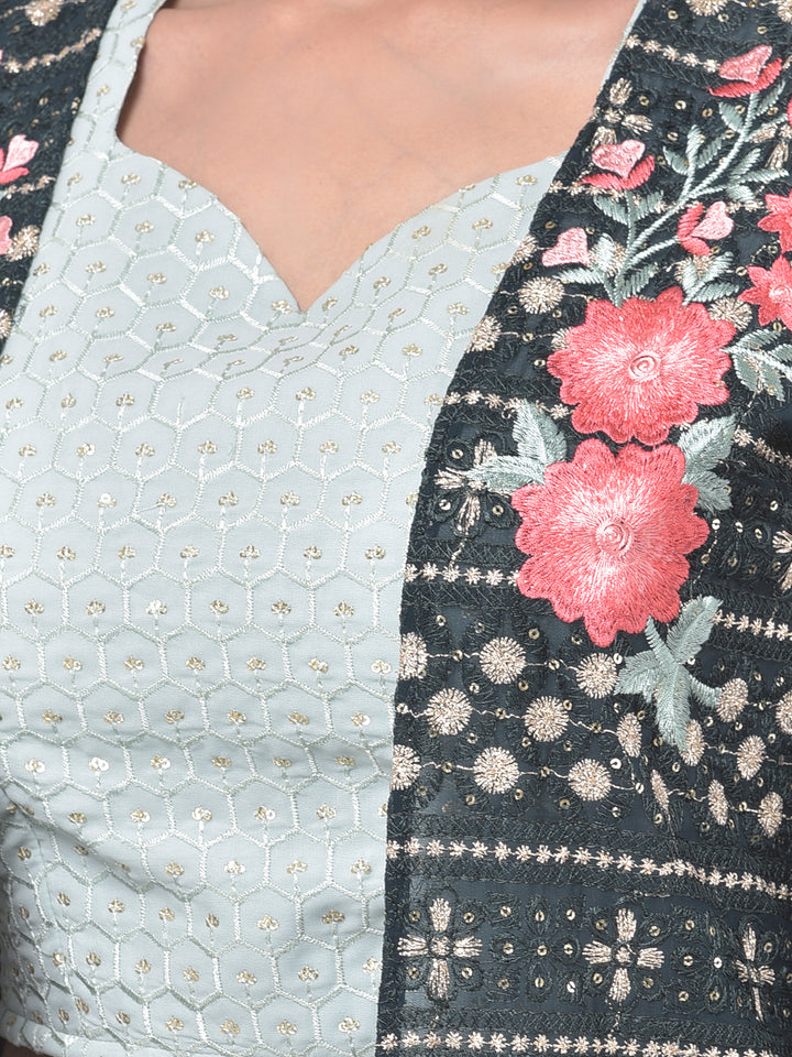 Neerus Blue green embroidered co-ord set top skirt shrug - detail view 2