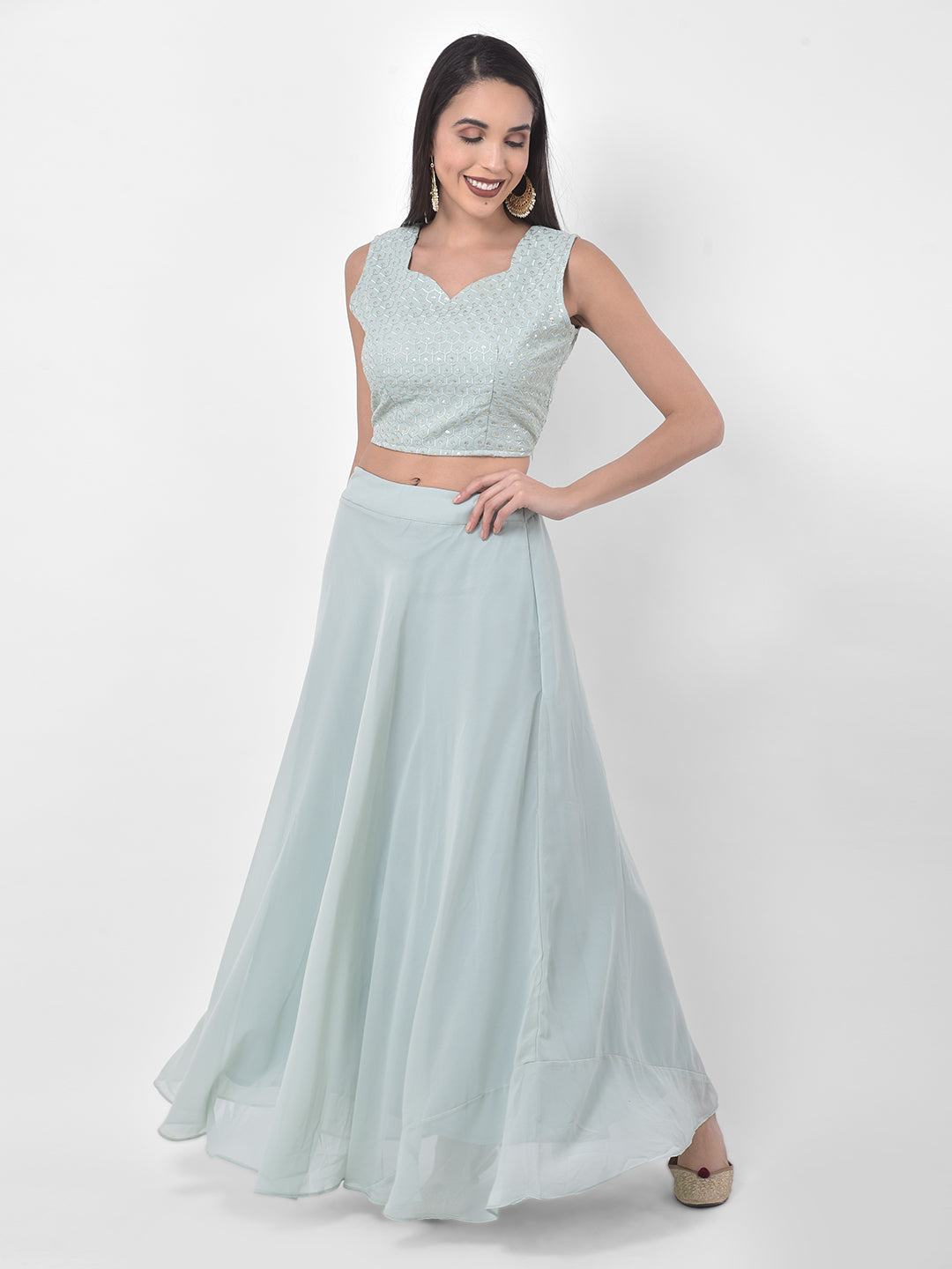 Neerus Blue green embroidered co-ord set top skirt shrug - detail view 3