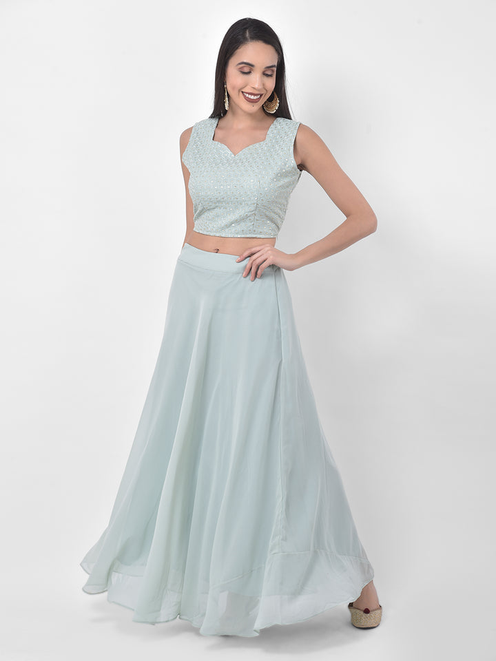 Neerus Blue green embroidered co-ord set top skirt shrug - detail view 3