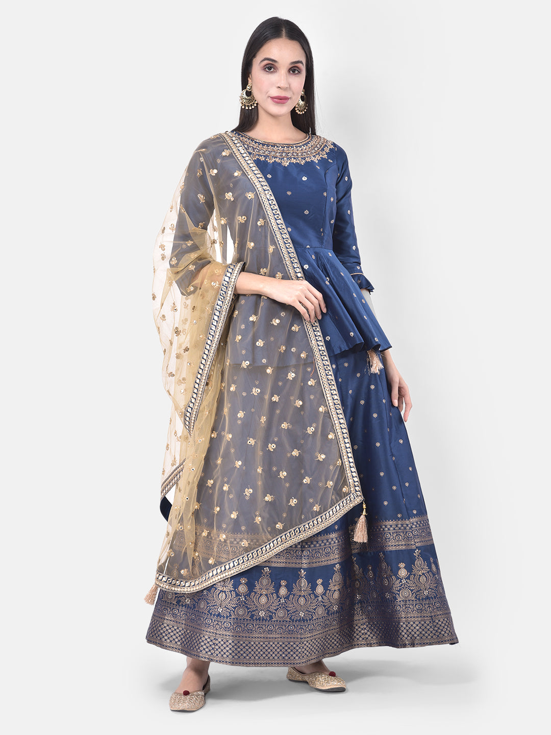 Neerus Blue embellished kurta set with skirt and dupatta - detail view 5