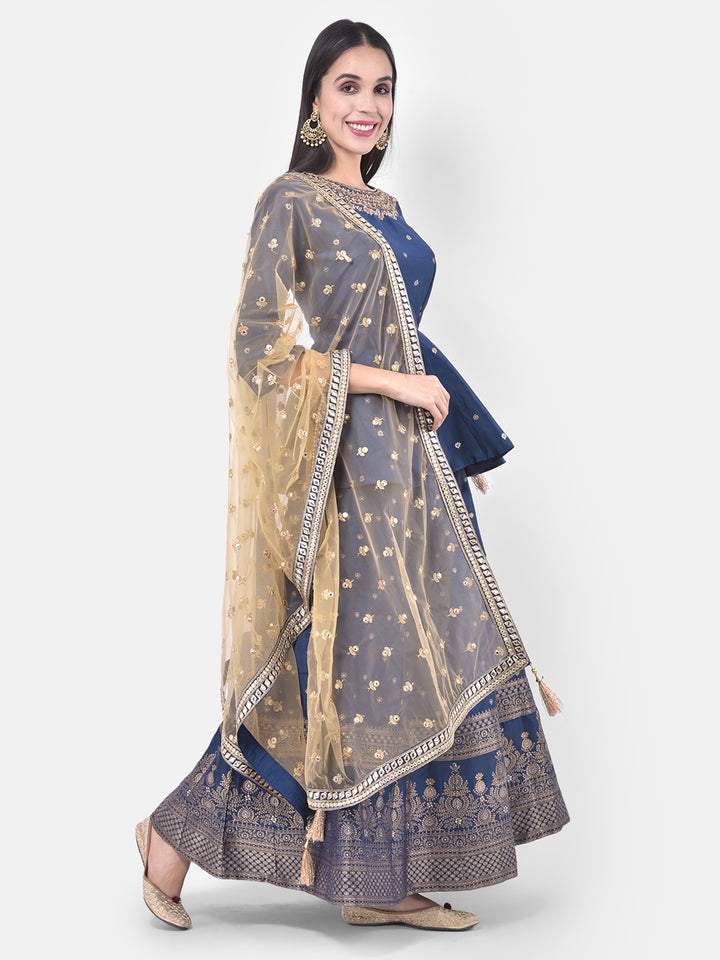 Neerus Blue embellished kurta set with skirt and dupatta - front view