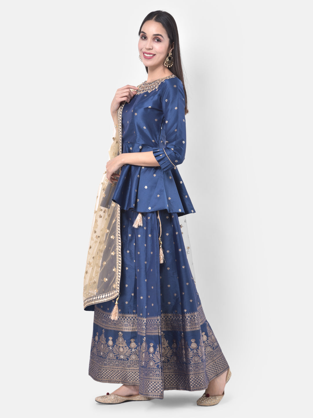 Neerus Blue embellished kurta set with skirt and dupatta - back view