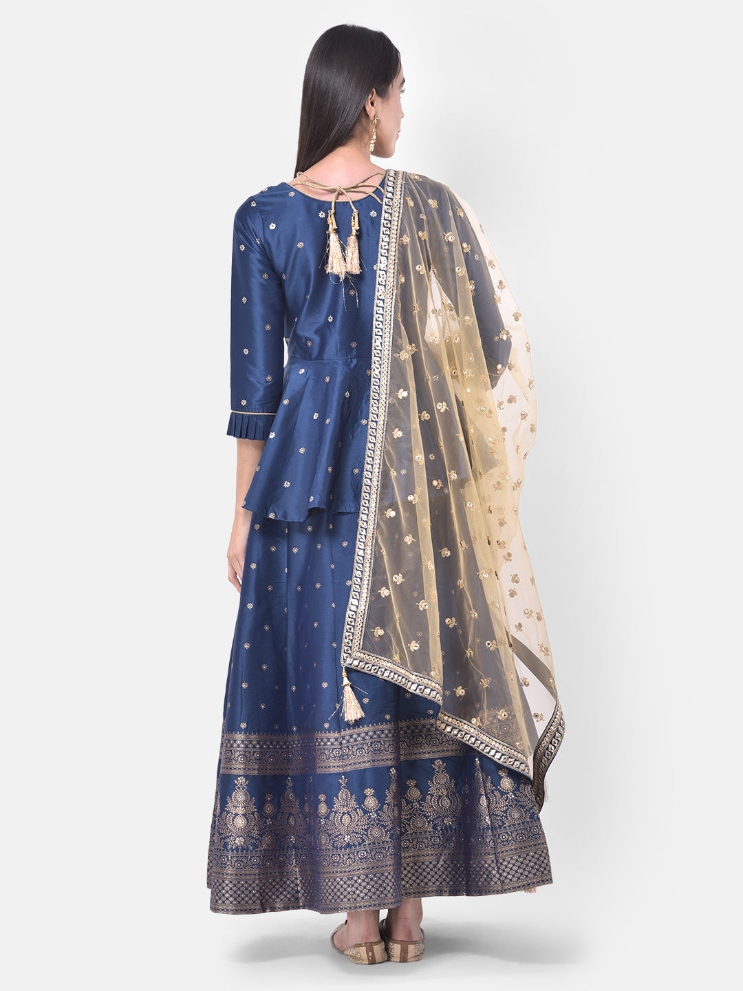 Neerus Blue embellished kurta set with skirt and dupatta - side view