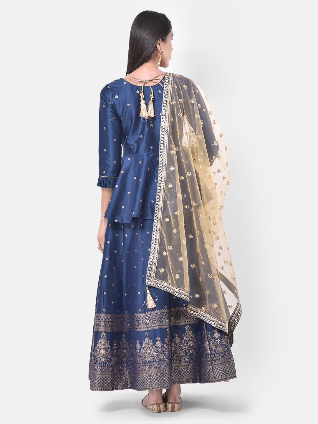 Neeru's Blue Embellished Kurti With Skirt & Dupatta