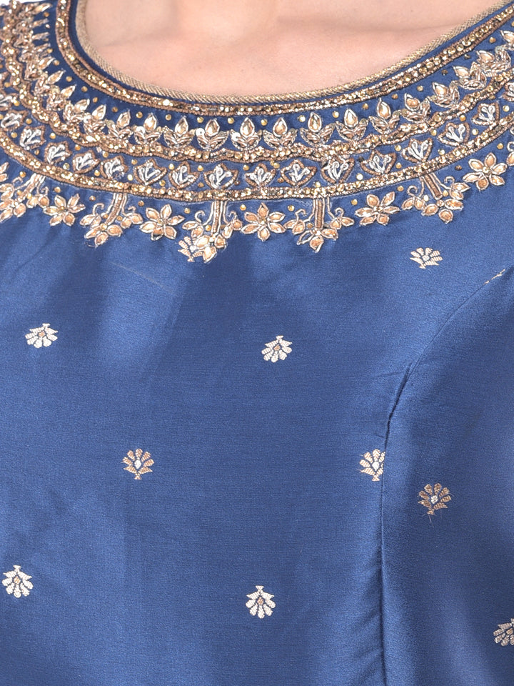 Neerus Blue embellished kurta set with skirt and dupatta - detail view 1