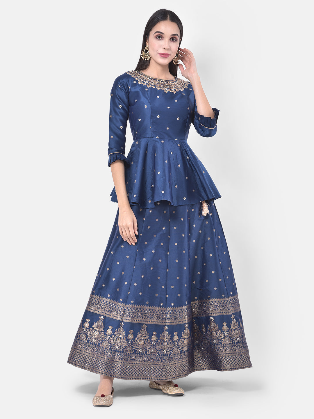 Neerus Blue embellished kurta set with skirt and dupatta - detail view 4