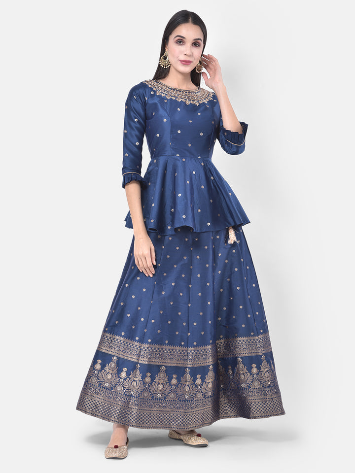 Neerus Blue embellished kurta set with skirt and dupatta - detail view 4