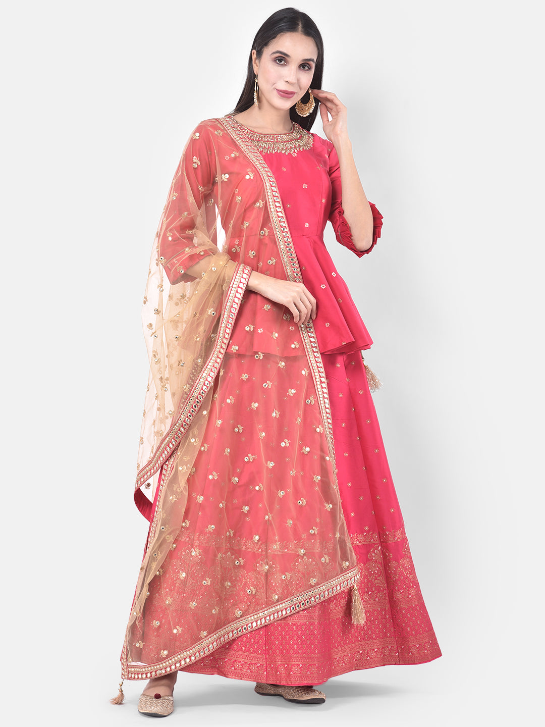 Neeru's Pink Embellished Kurti With Skirt & Dupatta
