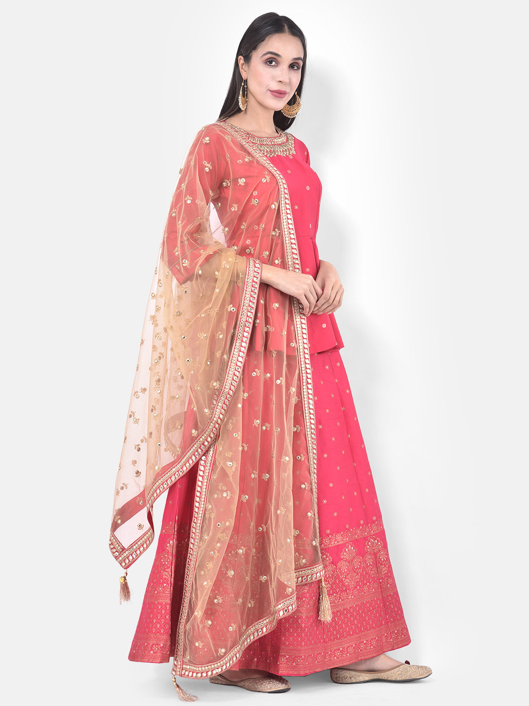 Neerus Pink Embellished Kurti With Skirt & Dupatta
