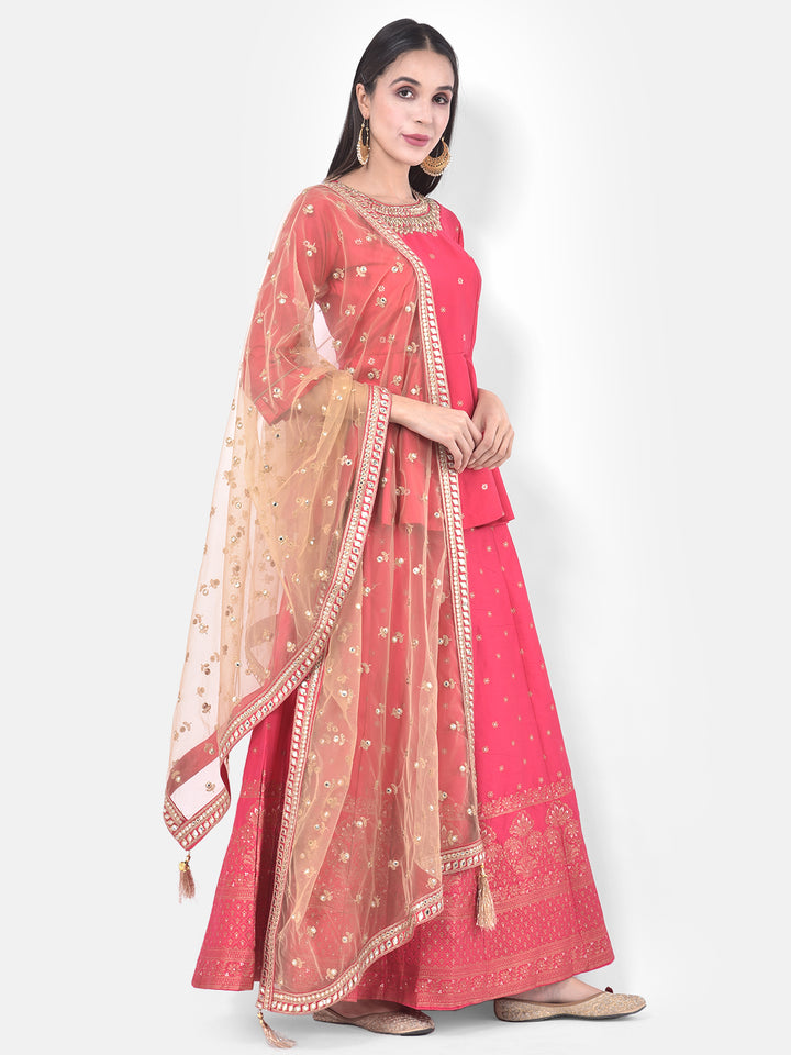 Neerus Pink Embellished Kurti With Skirt & Dupatta