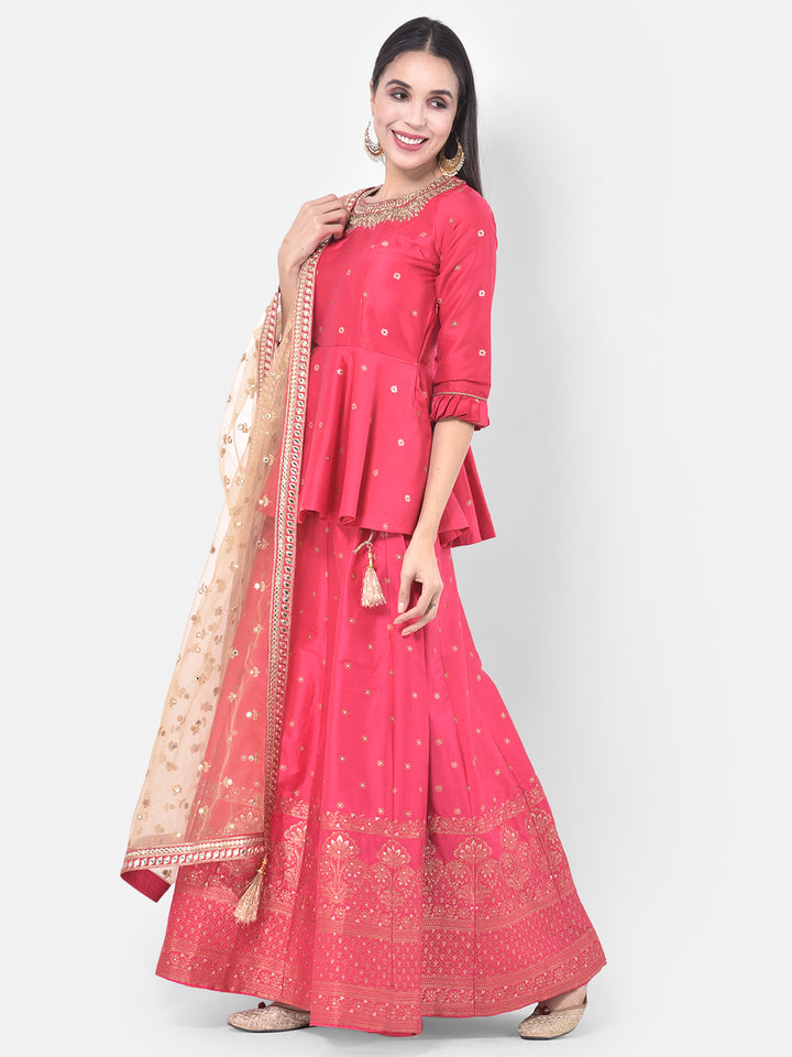 Neerus Pink Embellished Kurti With Skirt & Dupatta
