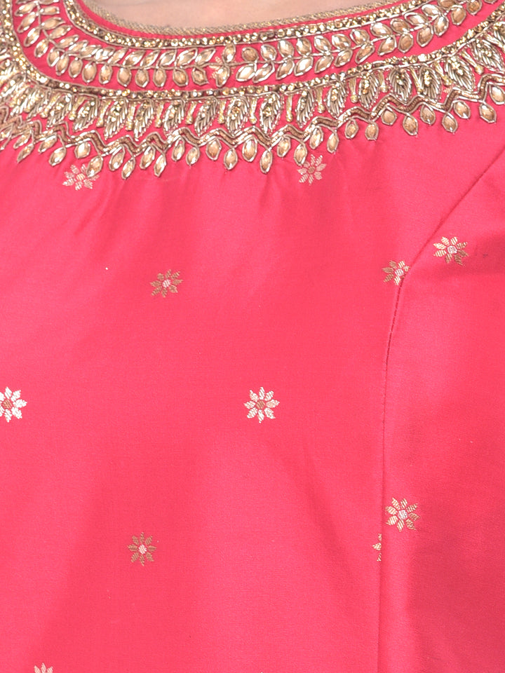 Neerus Pink Embellished Kurti With Skirt & Dupatta