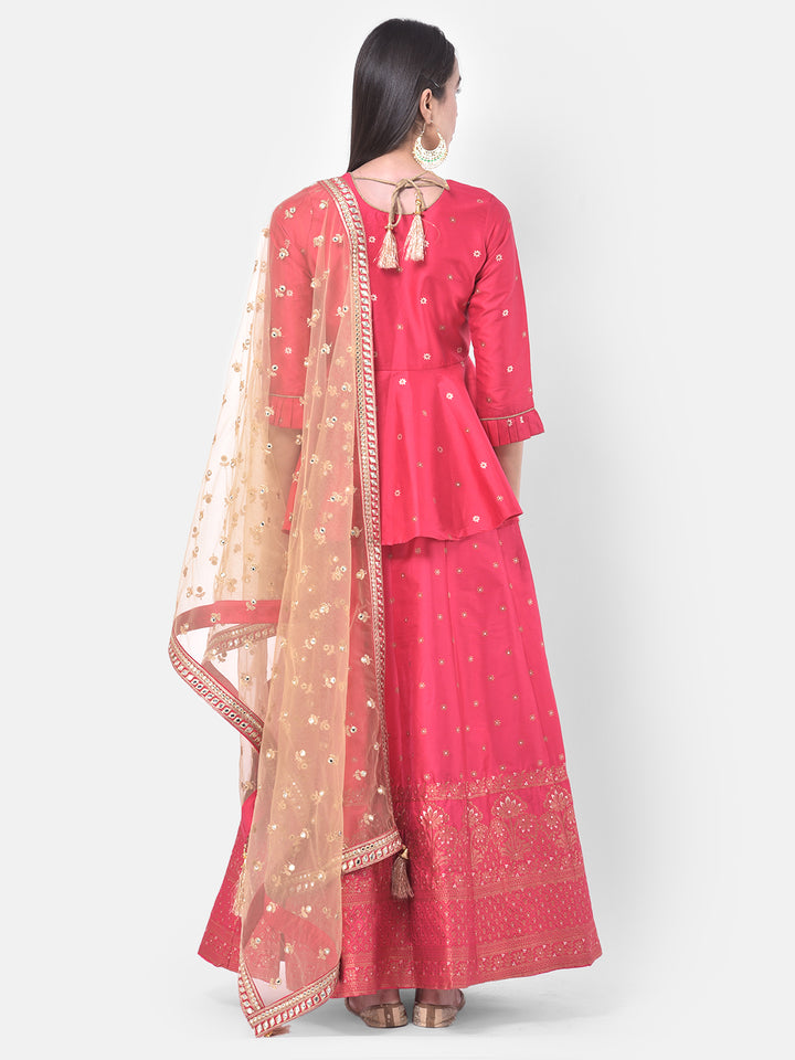 Neerus Pink Embellished Kurti With Skirt & Dupatta