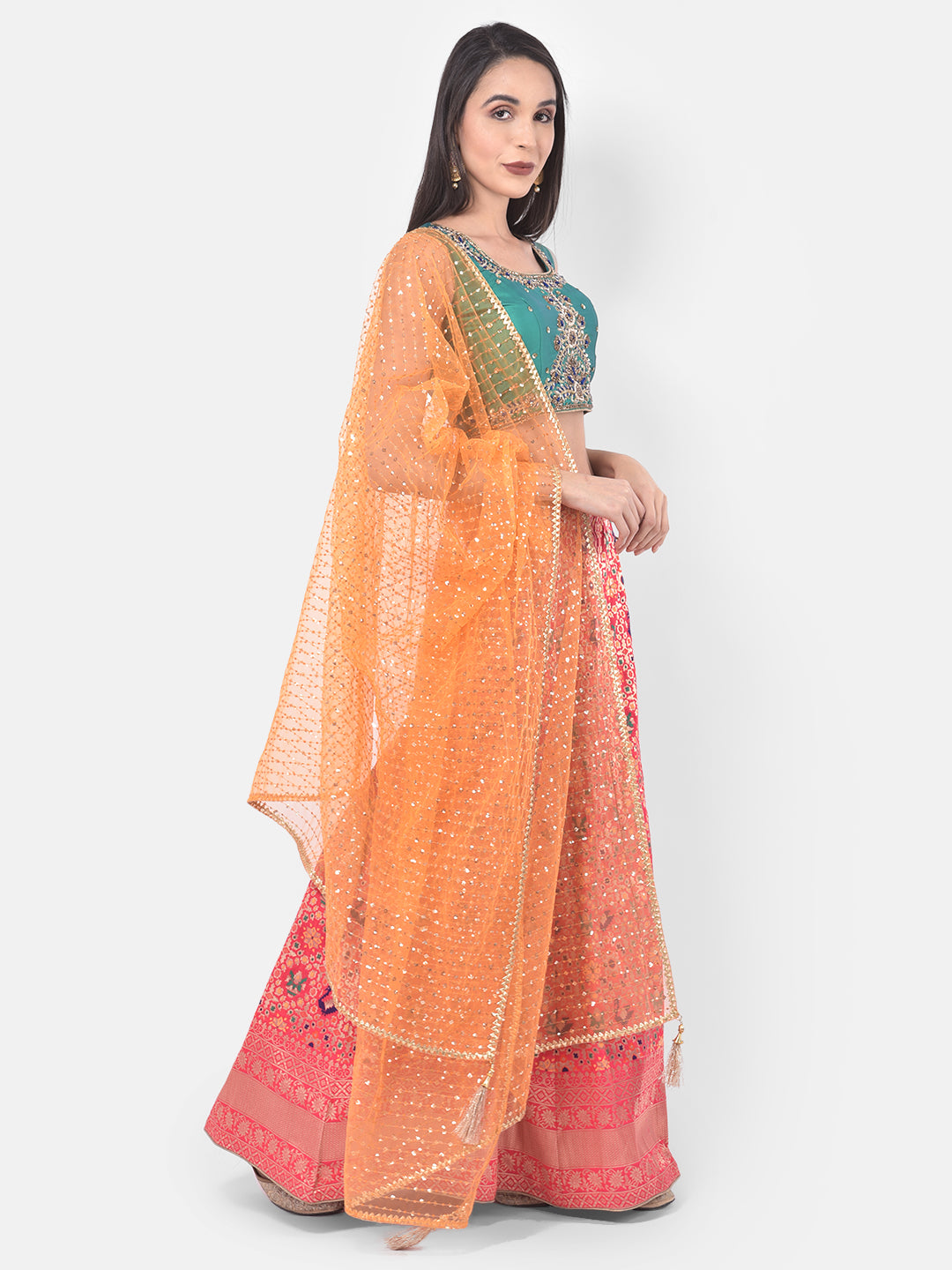 Neerus Pink Banarasi woven lehenga set - front view