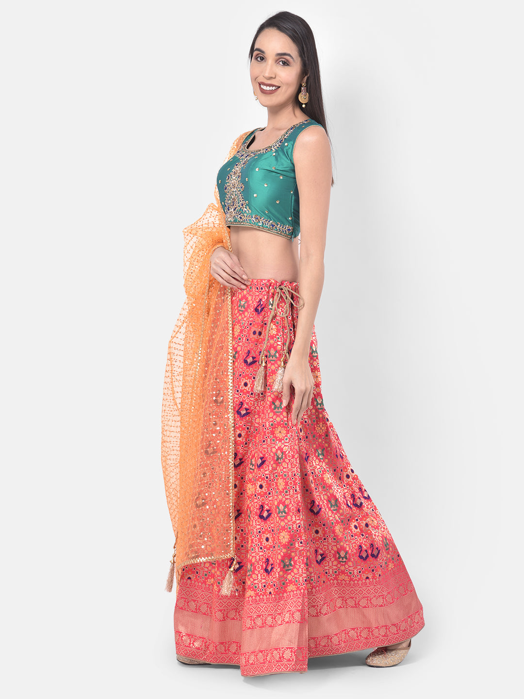 Neerus Pink Banarasi woven lehenga set - back view