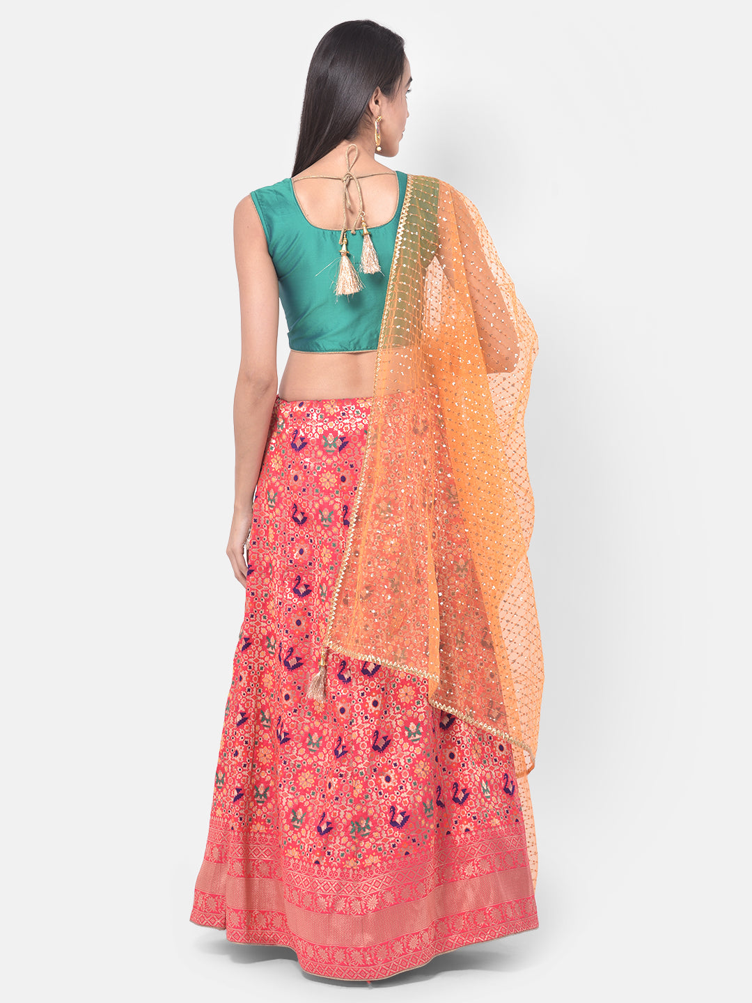 Neerus Pink Banarasi woven lehenga set - side view