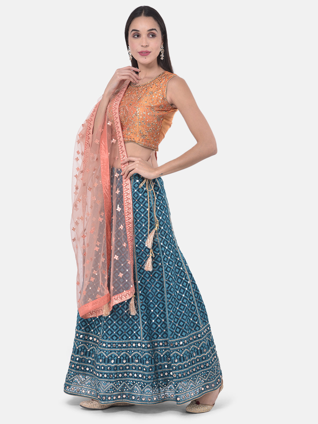 Neeru'S Peacock Color Nett Fabric Ghagra Set