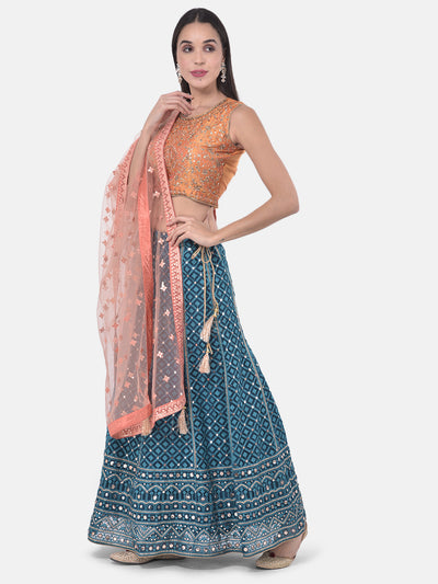 Neeru'S Peacock Color Nett Fabric Ghagra Set