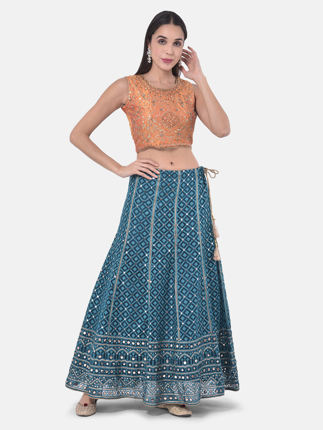 Neeru'S Peacock Color Nett Fabric Ghagra Set