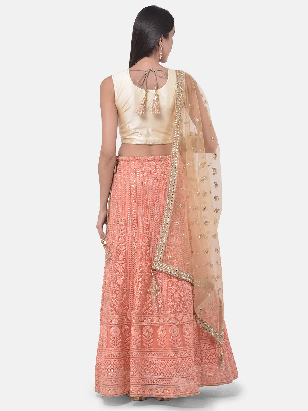 Neerus Orange net embellished lehenga set - side view