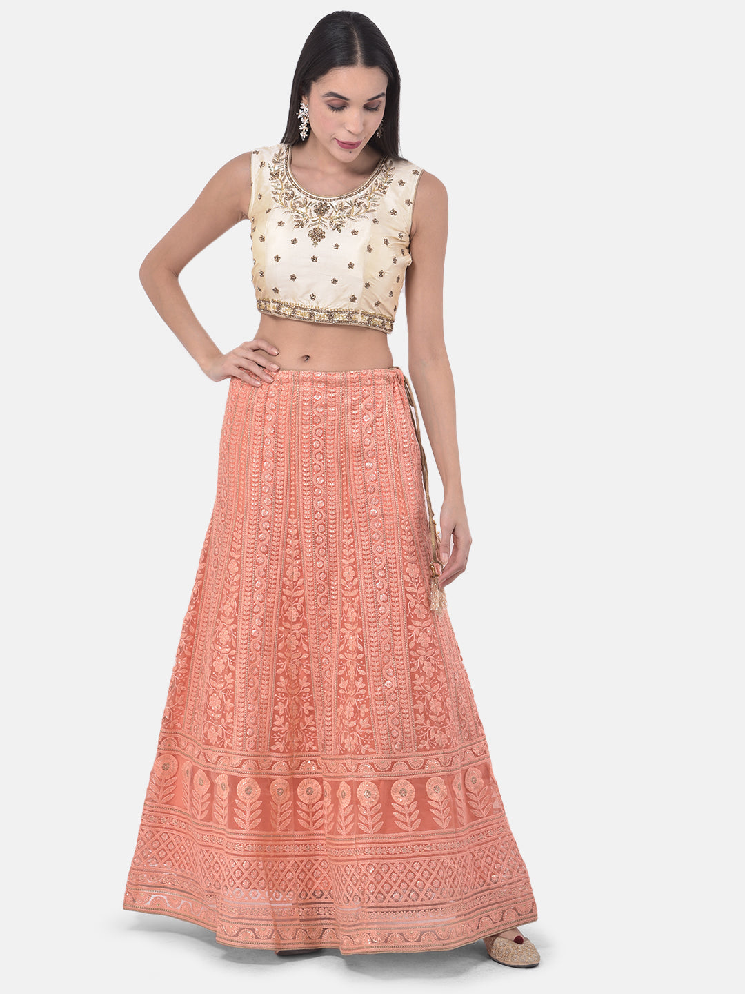 Neerus Orange net embellished lehenga set - detail view 4