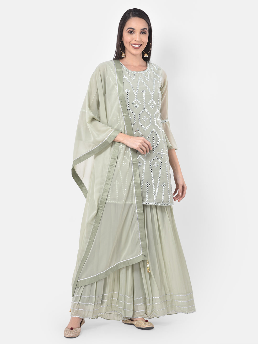 Neeru'S Green Color Georgette Fabric Suit-Gharara
