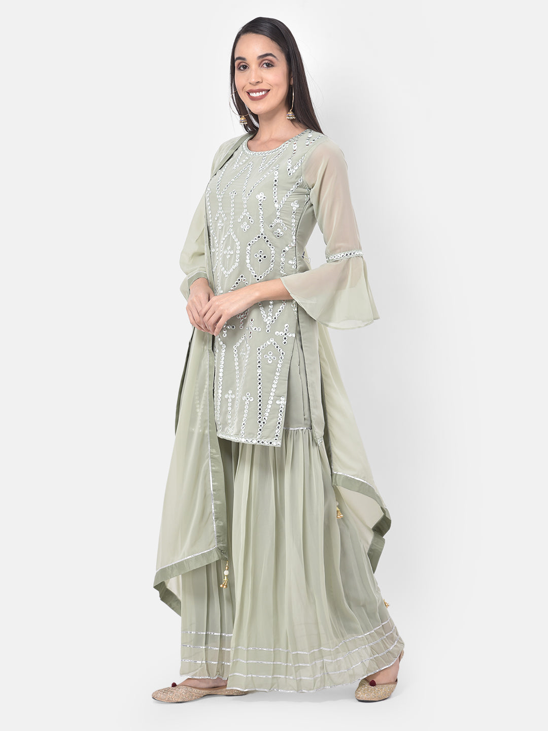 Neerus Green Color Georgette Fabric Suit-Gharara