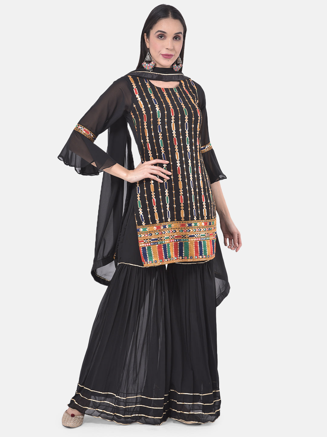 Neeru'S Black Color Georgette Fabric Suit-Gharara