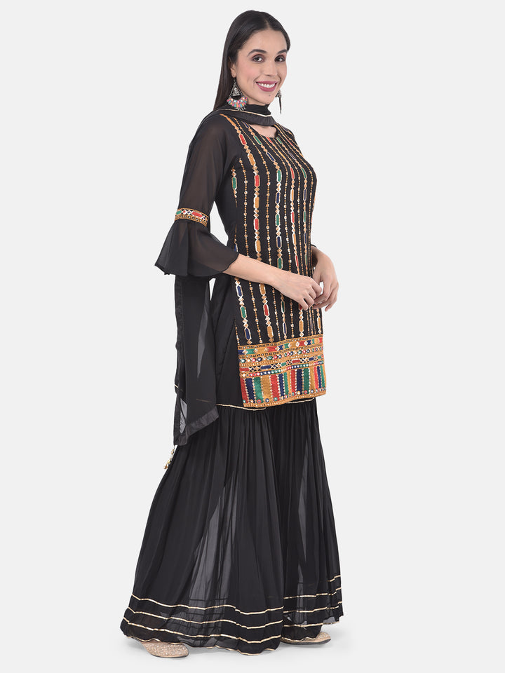 Neerus Black Color Georgette Fabric Suit-Gharara