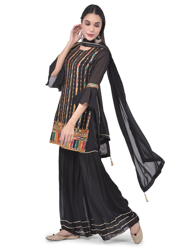 Neerus Black Color Georgette Fabric Suit-Gharara