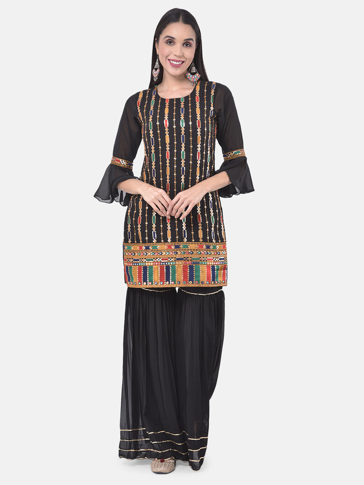 Neerus Black Color Georgette Fabric Suit-Gharara