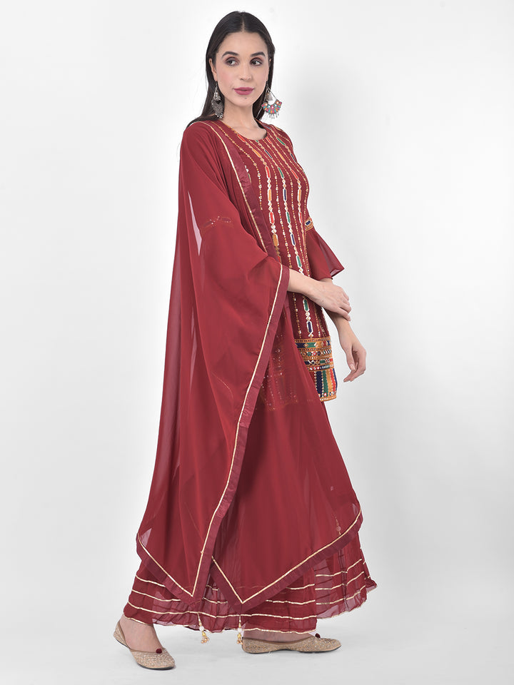 Neerus Maroon georgette embroidered sharara set - back view