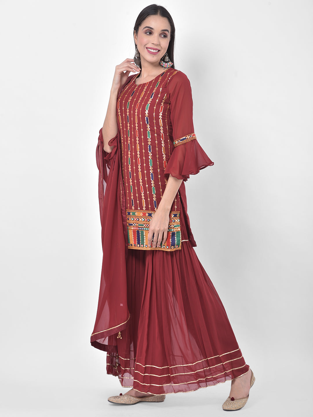 Neerus Maroon georgette embroidered sharara set - side view