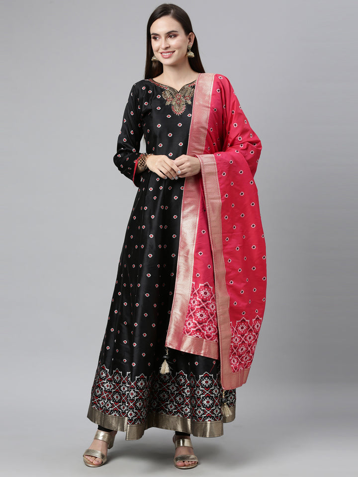 Neerus Black Color Dupion Silk Fabric Readymade Suits