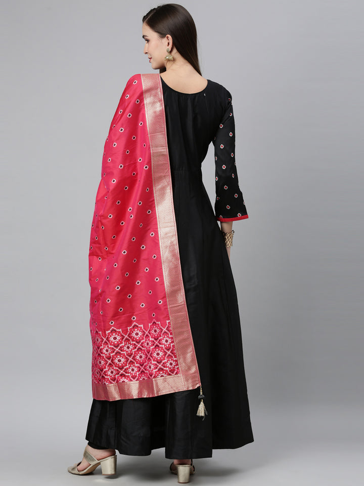 Neerus Black Color Dupion Silk Fabric Readymade Suits