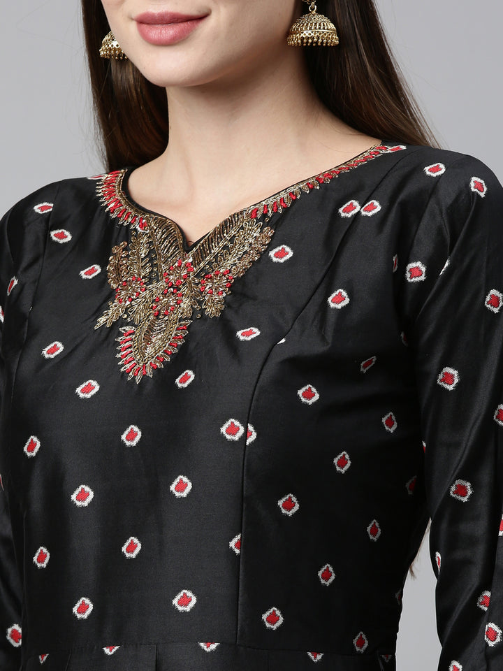 Neerus Black Color Dupion Silk Fabric Readymade Suits