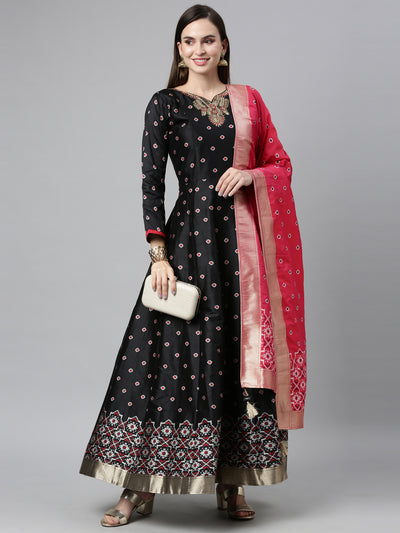 Neeru's Black Color Dupion Silk Fabric Anarkali Sets With Dupatta