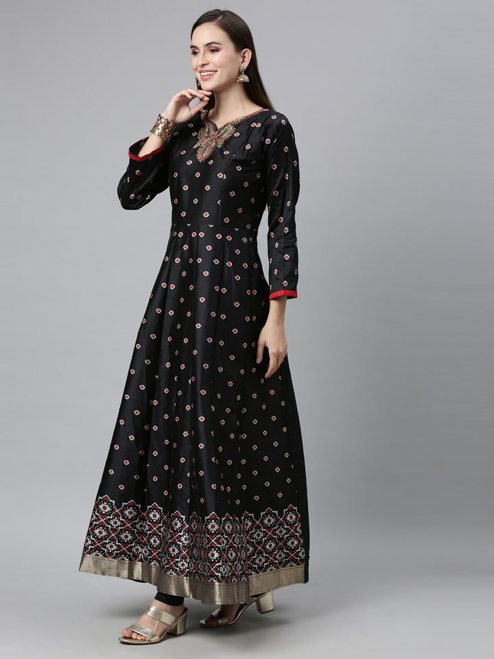 Neerus Black Color Dupion Silk Fabric Readymade Suits