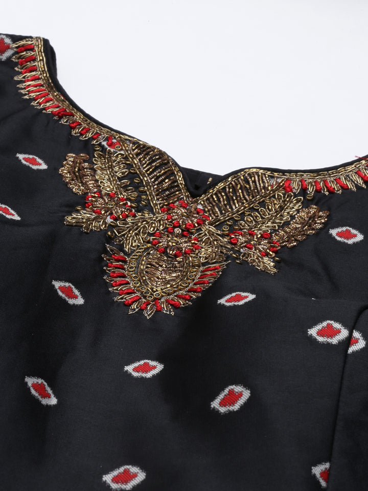 Neerus Black Color Dupion Silk Fabric Readymade Suits