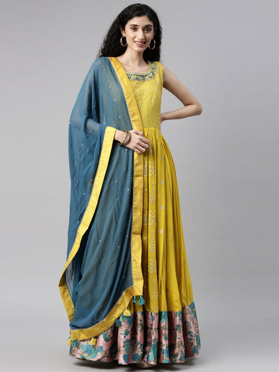 Neeru'S mustard color, georgette fabric kurta set