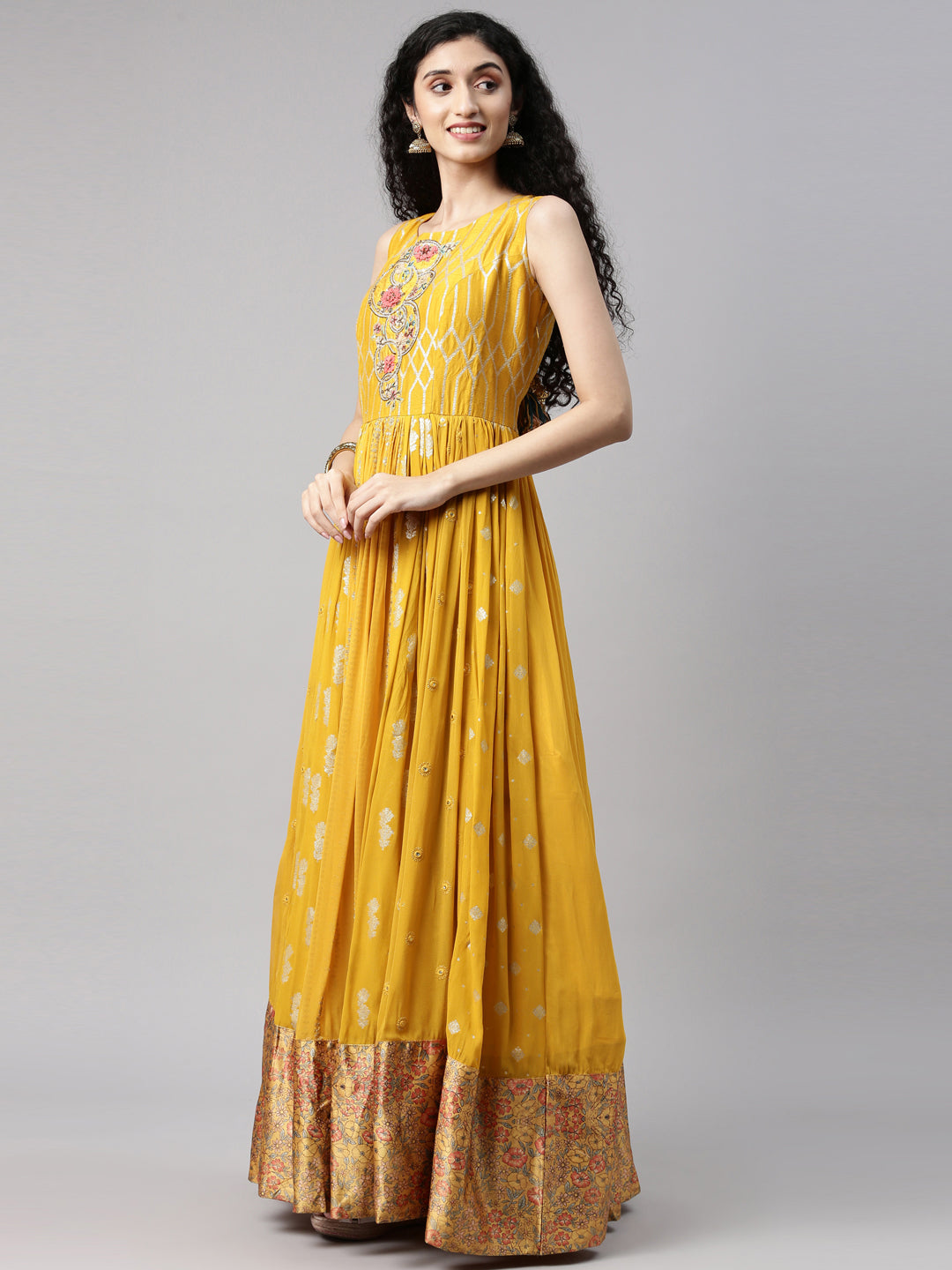 Neerus Yellow georgette solid kurta set - detail view 3