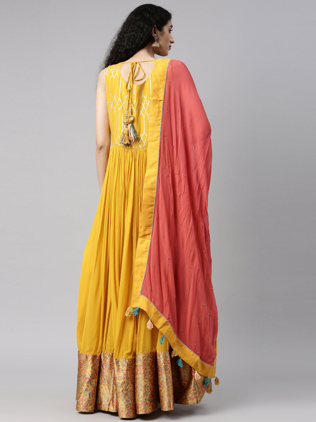 Neerus Yellow georgette solid kurta set - detail view 5