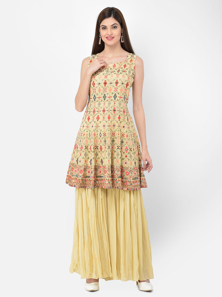 Neerus Beige georgette embroidered anarkali suit set - front view