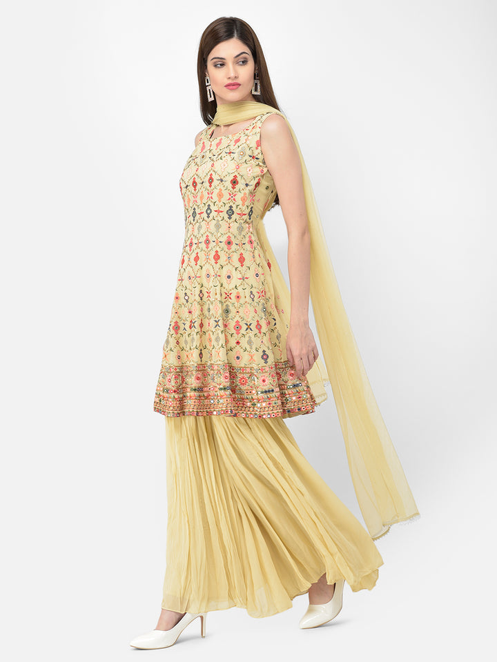 Neerus Beige georgette embroidered anarkali suit set - detail view 1