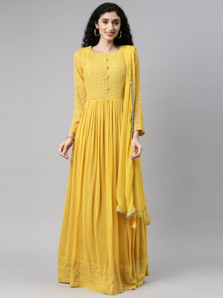 Neerus Yellow georgette thread embroidered anarkali gown - detail view 16